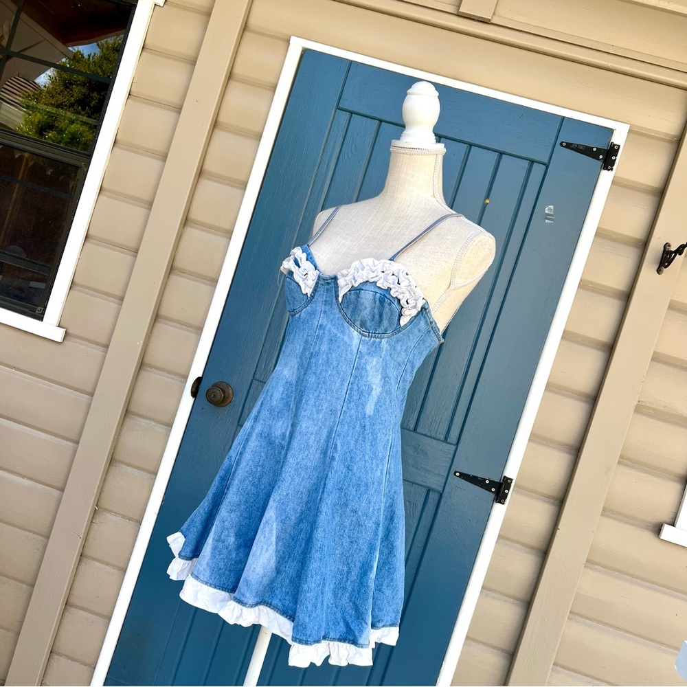 Y2K 90s New Age Code Blue Denim Short Babydoll Overalls With Lace Size Small - Picture 3 of 9